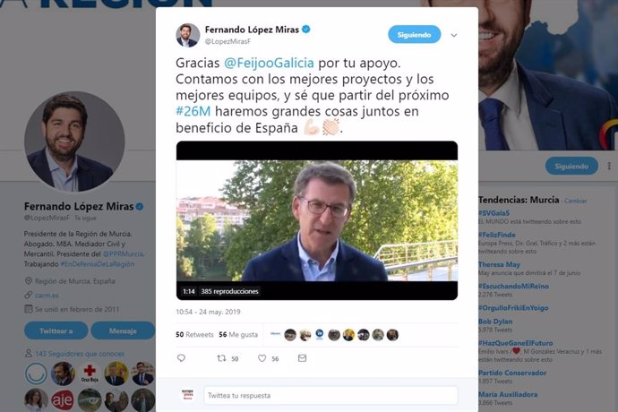 26M.- Feijóo Muestra Su Apoyo A López Miras En Las Elecciones: "Eres Un Político Honesto Y Tienes Futuro"