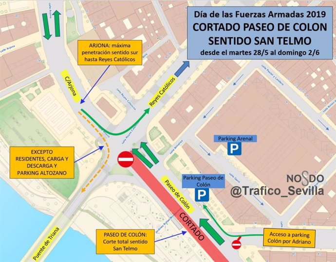 Sevilla.-Corte de tráfico de Paseo Colón hacia San Telmo desde esta madrugada por preparación del Día de Fuerzas Armadas