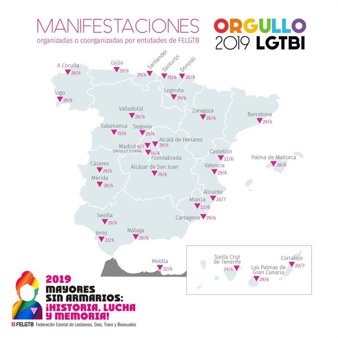 Un total de 28 ciudades españolas se manifestarán durante junio y julio para reivindicar los derechos del colectivo LGTB