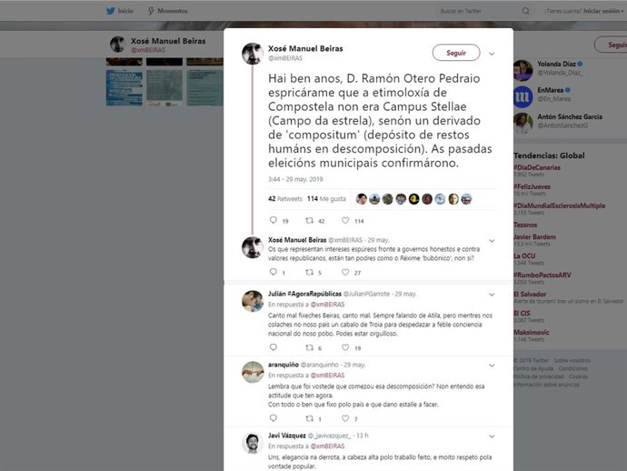 Polémico 'twit' de Beiras sobre a orixe do termo Compostela como "depósito de restos humanos en descomposición"