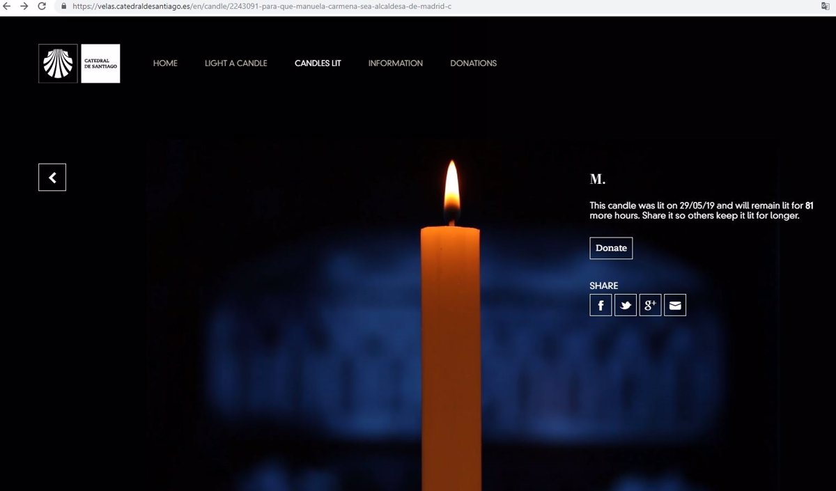 Almeja práctico cerca Encienden una vela virtual en la Catedral de Santiago de Compostela para  que Carmena continúe como alcaldesa