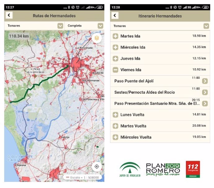 La Junta ofrece en la App Plan Romero información puntual sobre los recorridos de las hermandades del Rocío