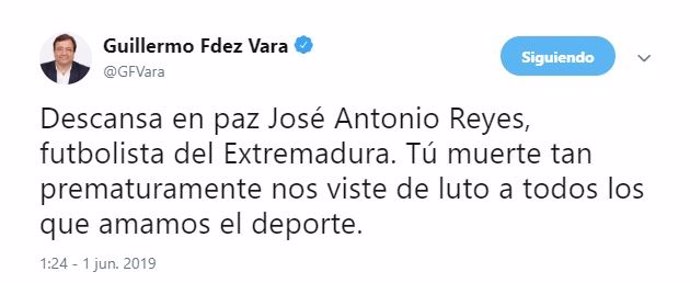 Vara lamenta la muerte de "prematura" muerte de José Antonio Reyes que "viste de luto" a quienes aman el deporte