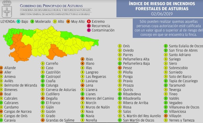 Doce municipios asturianos, en riesgo 'muy alto' de riesgo forestal este domingo