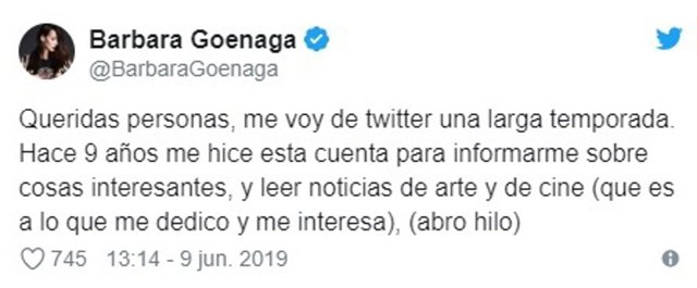La actriz Bárbara Goenaga abandona Twitter tras los ataques de una feminista por estar casada con Borja Sémper