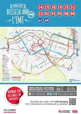 Valencia.- La EMT iniciará el sábado la prolongación de itinerarios de 12 líneas para el horario de verano