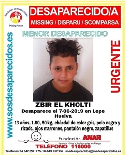 Huelva.- Sucesos.- Buscan a un MENA de 13 años desaparecido en Lepe desde el pasado 7 de junio