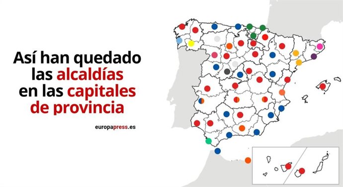 PP pasa de tener 21 a 13 capitales de provincia, PSOE suma tres más, de 17 a 20, y Ciudadanos se hace con tres