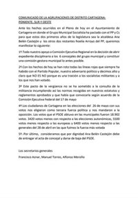 Agrupaciones del PSOE de Cartagena exigen a Castejón la entrega del acta de concejal y la baja del partido