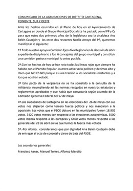 Agrupaciones del PSOE de Cartagena exigen a Castejón la entrega del acta de concejal y que se de baja del partido