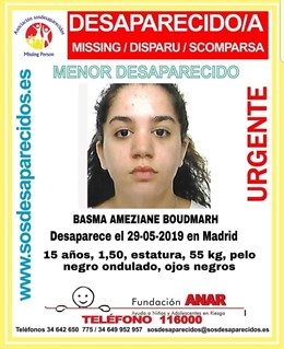Sucesos.- Desaparecida en Madrid una menor de 15 años desde hace 19 días