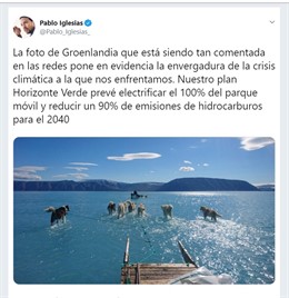 Iglesias avisa de la envergadura de la crisis climática con la fotografía del deshielo en Groenlandia