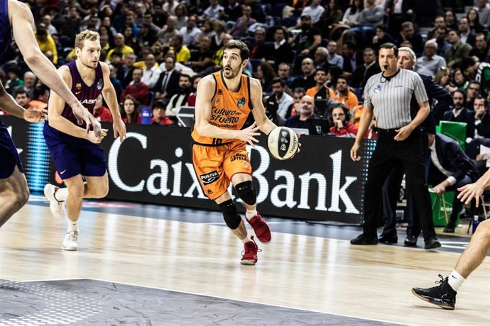 Guillem Vives, #16 of Valencia Basket during the Copa del Rey ACB match between FC Barcelona Lassa and Valencia Basket at WiZink Center Arena, in Madrid, Spain. February 14, 2019.