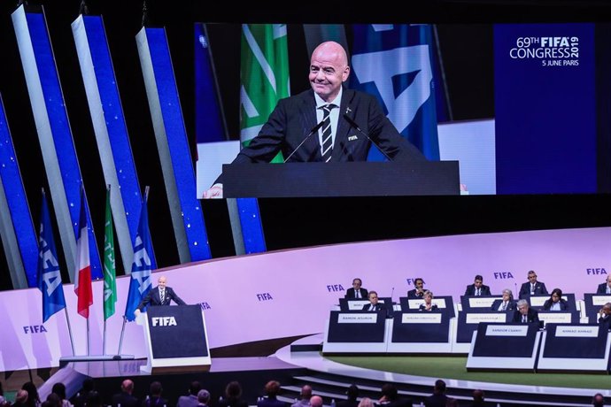 05 June 2019, France, Paris: Re-elected FIFApresident Gianni Infantino delivers a speech at the 69th FIFA congress. Photo: Vanessa Carvalho/ZUMA Wire/dpa