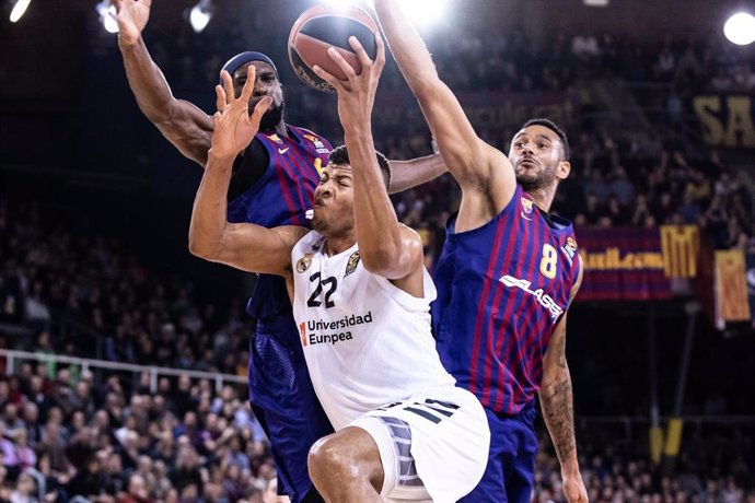 Walter Tavares, #22 of Real Madrid during the EuroLeague Basketball match between  FC Barcelona Lassa and Real Madrid  at Palau Blaugrana, in Barcelona, Spain, March 01, 2019.