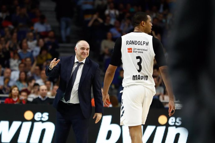 Pablo Laso of Spain and Real Madrid and Anthony Randolph of Germany and Real Madrid during the Playoffs, 2nd round, Turkish Airlines EuroLeague basketball match played between Real Madrid and Panathinaikos at WiZink Center Stadium in Madrid, Spain, on A
