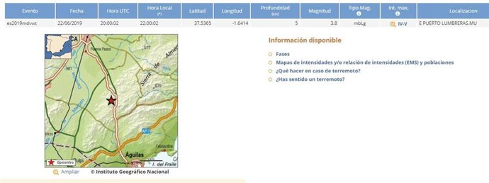 Registrado un movimiento sísmico de 3,8 grados de magnitud y epicentro en Puerto Lumbreras