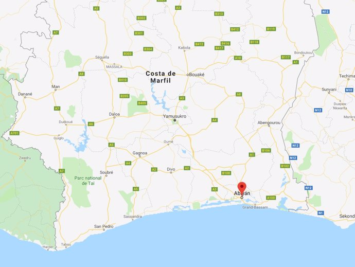 Ubicación de Abiyán, Costa de Marfil extraída de Google Maps