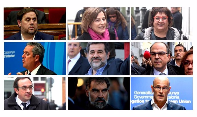 Montaje fotográfico de los políticos presos independentistas: Oriol Junqueras, Carme Forcadell, Dolors Bassa, Joaquim Forn, Jordi Sánchez, Jordi Turull, Josep Rull, Jordi Cuixart y Raül Romeva (de izquierda a derecha y de arriba abajo)