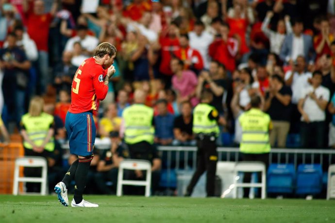 Sergio Ramos Garcia of Spain celebrates a goal during the 2020 UEFA European Championships group F, European Qualifiers, played between Spain and Sweden at Santiago Bernabeu Stadium in Madrid, Spain, on June 10, 2019.