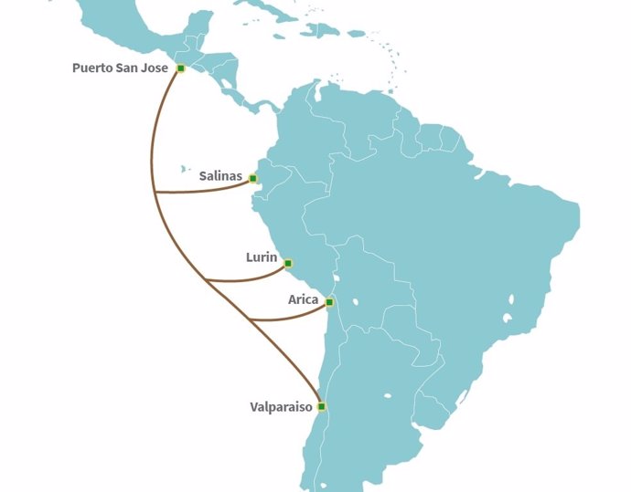 Esquema del despliegue de un cable submarino por parte de América Móvil y Telxius (Telefónica) en la costa latinoamericana del Pacífico.