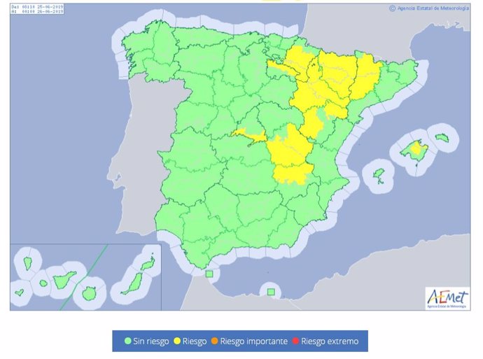 Mapa con diez provincias en alerta por la ola calor