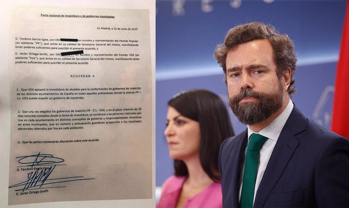 Muntatge de l'acord amb el PP fet públic per Vox i el portaveu parlamentari del partit, Iván Espinosa dels Monteros