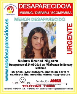 Imagen de Naiara Brunet Nigorra, menor de 15 años desaparecida este lunes en Vilafranca de Bonany (Mallorca).