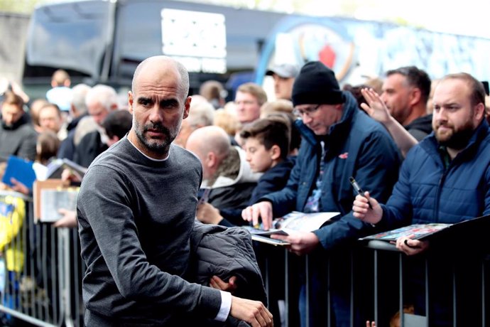 28 April 2019, England, Burnley: Manchester City manager Pep Guardiola arrives at Turf Moor stadium ahead of the English Premier League soccer match between  Burnley and Manchester City. Photo: Nick Potts/PA Wire/dpa