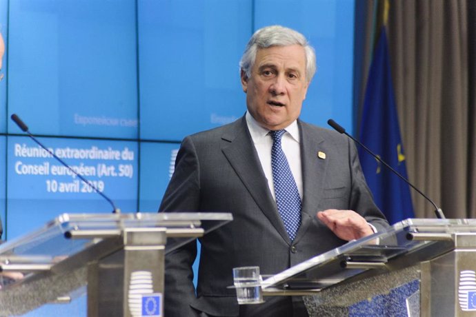 10 April 2019, Belgium, Brussels: President of the European Parliament, Antonio Tajani, speaks at a press conference during the EUspecial summit on Brexit.  British Prime Minister Theresa May and EUleaders agreed early Thursday to a Brexit extension u