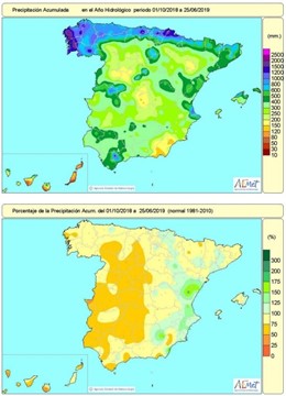 Mapa de precipitaciones acumuladas en España entre el 1 de octubre de 2018 y el 25 de junio de 2019. Balance hídrico.