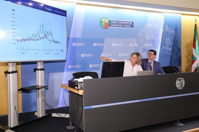 La directora de Tráfico del Gobierno Vasco, Sonia Díaz de Corcuera, y el viceonsejero de Seguridad, Josu Zubiaga, en una rueda de prensa para presentar la operación de tráfico de verano
