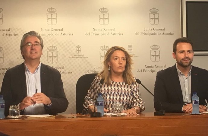 La portavoz del PP en la Junta General, Teresa Mallada, con los portavoces adjuntos Pablo González y Álvaro Queipo