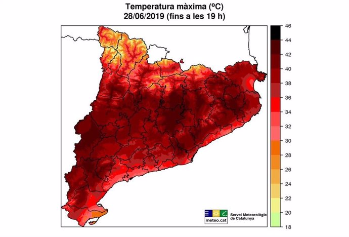 Mapa de temperaturas máximas en Catalunya del 28 de junio