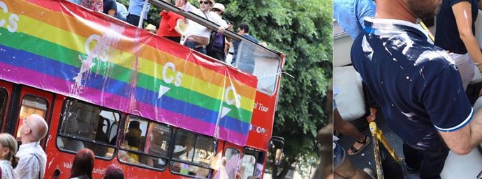 Pintura en el autobús de Cs en la manifestación del Orgullo LGTBI+ de Valncia