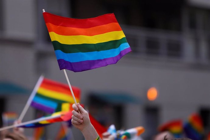 Bandera arcoiris durante una marcha del Día Internacional del Orgullo Gay.