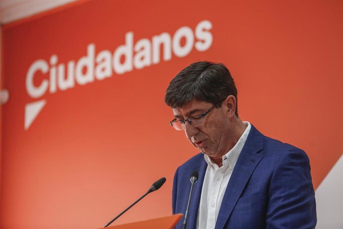En Sevilla, rueda de prensa del líder de Ciudadanos (Cs) en Andalucía y vicepresidente de la Junta de Andalucía, Juan Marín, antes de participar en el Comité Autonómico. En la sede de Cs Andalucía (C/ Santo Domingo de la Calzada, 3).
