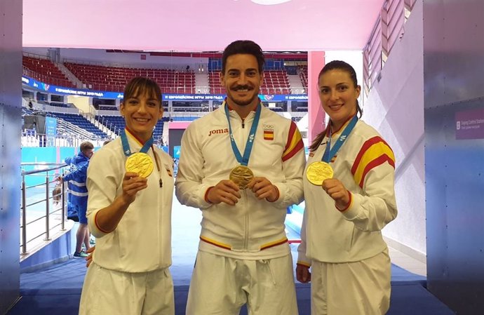 Los karatecas españoles Sandra Sánchez, Damián Quintero y Laura Palacio, en los Juegos Europeos de Minsk 2019.