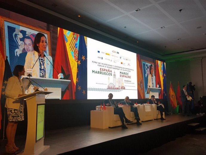 La ministra de Industria, Comercio y Turismo, Reyes Maroto, en su intervención en el Foro de Inversiones y Cooperación Empresarial España-Marruecos