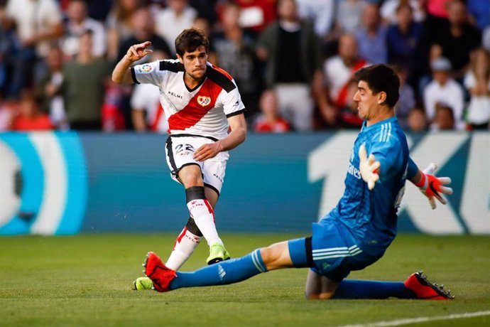 Pozo of Rayo Vallecano and Thibaut Courtois of Real Madrid during the spanish league, La Liga, football match played between Rayo Vallecano and Real Madrid at Estadio de Vallecas in Madrid, Spain, on April 28, 2019.