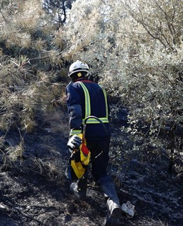Imagen de un bombero de la Comunidad de Madrid trabajando en el incendio de Cadalso de los Vidrios.