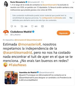 Cs responde al tuit de Monasterio en el que acusa a la formación naranja de extender el cordón sanitario a las instituciones que preside