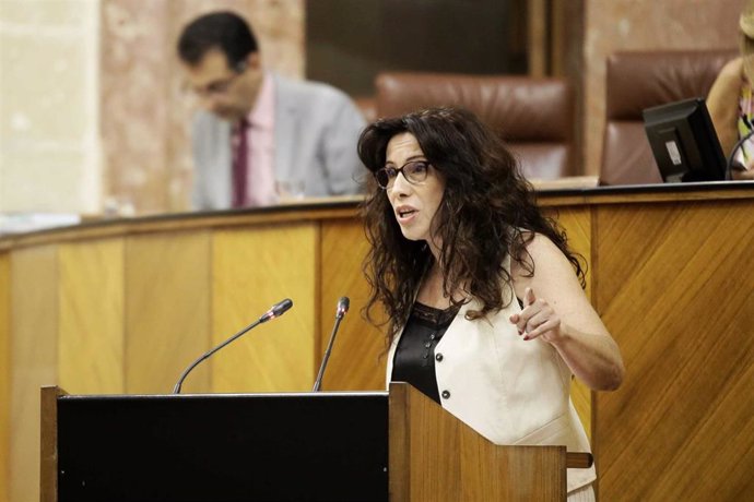 Intervención de la consejera de Igualdad, Rocío Ruiz, en el Pleno del Parlamento de Andalucía, en una imagen de archivo.