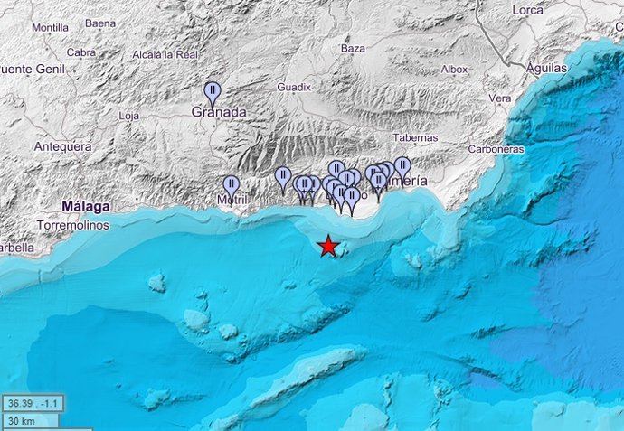 Terremoto registrado frente a las costas de Almería y Granada