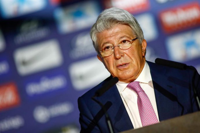 Enrique Cerezo, President of Atletico de Madrid, attends during the presentation of Marcos Llorente as new player of the first team of Atletico de Madrid at Wanda Metropolitano Stadium in Madrid, Spain, on June 28, 2019.
