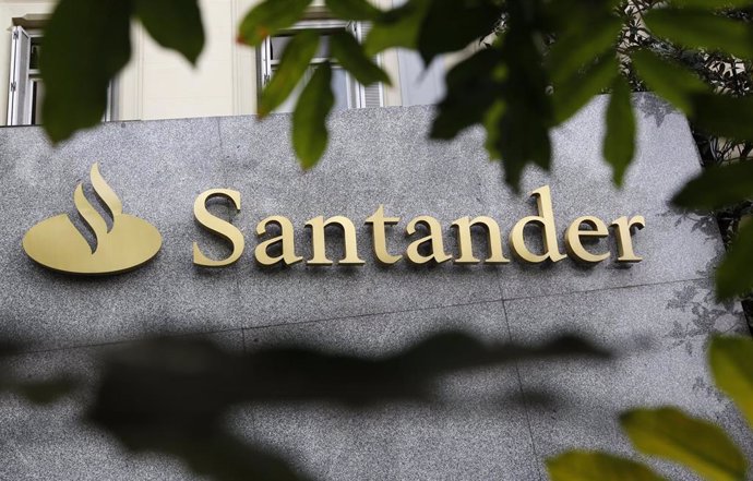 The logo of Spanish bank Santander is seen outside a building in Madrid