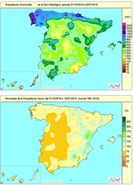 Mapa de lluvias registradas en España desde el 1 de octubre de 2018 al 2 de julio de 2019. Balance hídrico. La falta de lluvias acumulada afecta a la mayor parte del país, excetpo a Levante, Granada y algunas otras zonas localizadas.