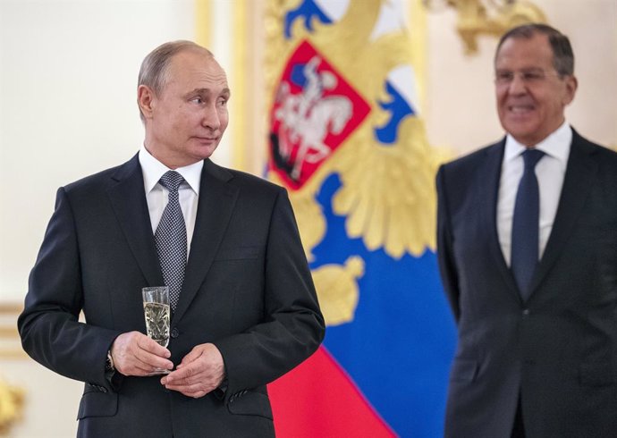 July 3, 2019 - Moscow, Russia: The ceremony of presentation of credentials by ambassadors of foreign countries in the Alexander Hall of the Grand Kremlin Palace. Russian President Vladimir Putin (left) and Russian Foreign Minister Sergei Lavrov (right) 