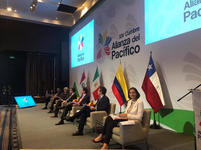 La ministra de Industria, Comercio y Turismo en funciones, Reyes Maroto, en el panel de ministros de Comercio de la XIV Cumbre de la Alianza del Pacífico