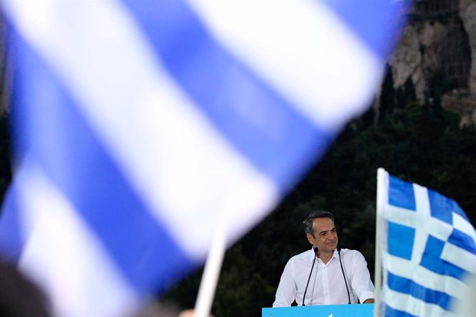 Kyriakos Mitsotakis, candidato de Nueva Democracia, en un acto de campaña en Atenas